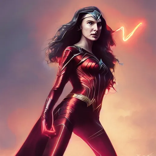 Image similar to a potrait of Gal Gadot as Scarlet witch by Greg Rutkowski, Sung Choi, Mitchell Mohrhauser, Maciej Kuciara, Johnson Ting, Maxim Verehin, Peter Konig, 8k photorealistic, cinematic lighting, HD, high details, dramatic, trending on artstation, full body shot