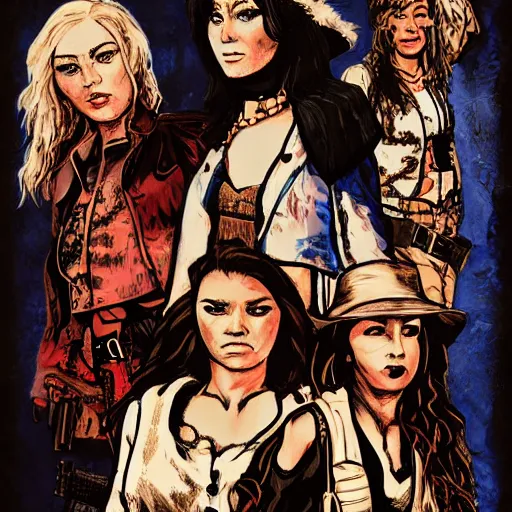 Prompt: portrait of an outlaw female gang, by tom bradstreet.