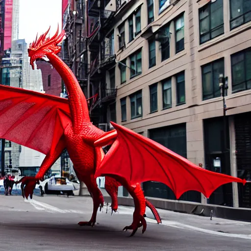 Prompt: a red flying dragon in the streets of New-York city