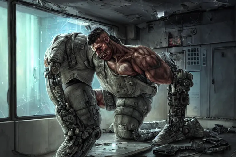 Prompt: Ultra realistic illustration, a hefty damaged male soldier cyborg being patched up in a run down underground military medical bay with medical equipment hanging from ceiling, holographic display panels in background, rugged face, muscle body with battle scars, cyberpunk, sci-fi, fantasy, intricate, elegant, highly detailed, digital painting, artstation, concept art, smooth, sharp focus, illustration, dramatic lighting, art by Syd Mead and Giger