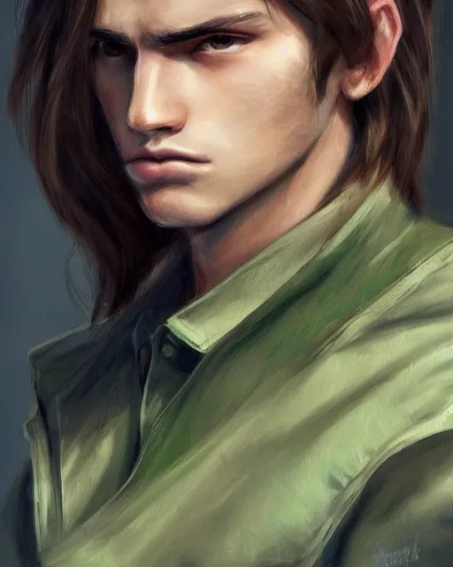 Image similar to face of a masculine young man with thin face lines, have long brown hair and green eyes, very beautiful portrait, low angle, realistic and perfect art, trending on artstation, good lighting