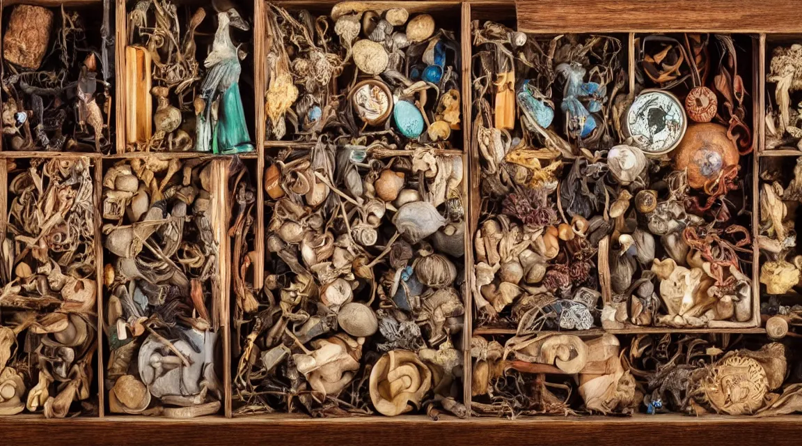 Prompt: wooden box with cabinet of curiosities neatly ordenend with strange natural artifacts and wonders of the world, photo realistic, professional photo, by Steve McCurry