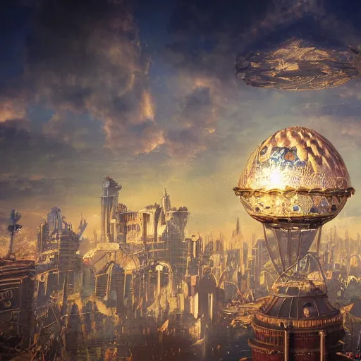 Image similar to enormous city in a faberge egg, sky, steampunk, fantasy art, masterpiece, octane render