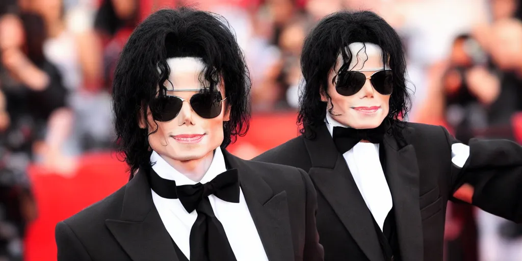 Image similar to michael jackson 2 0 0 9 style wearing shades, red carpet arrival, this is it style, photo real, pores, motion blur, solo, by himself, heroic pose, real life, spotted, ultra realistic face, accurate, 4 k, movie still, uhd, sharp, detailed, cinematic, render, modern