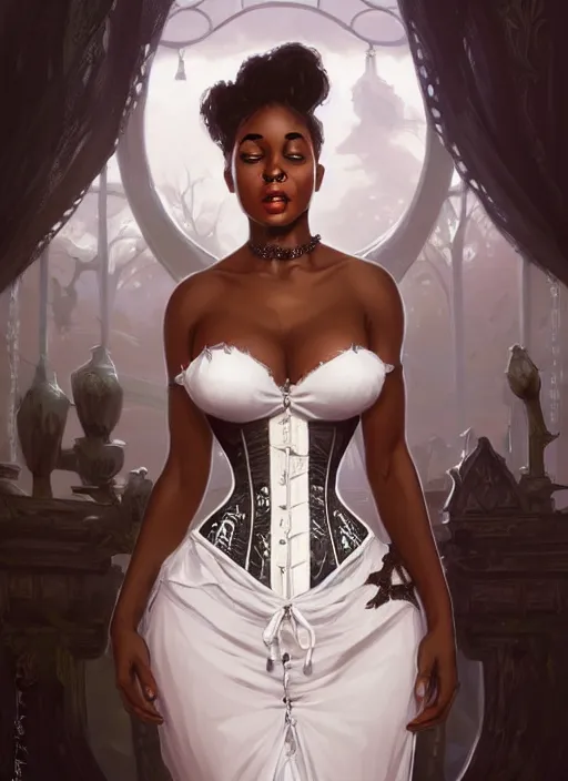 Image similar to cute black woman wearing a white corset dress, fantasy, intricate, highly detailed, digital painting, artstation, concept art, wallpaper, smooth, sharp focus, illustration, art by artgerm and greg rutkowski and alphonse mucha