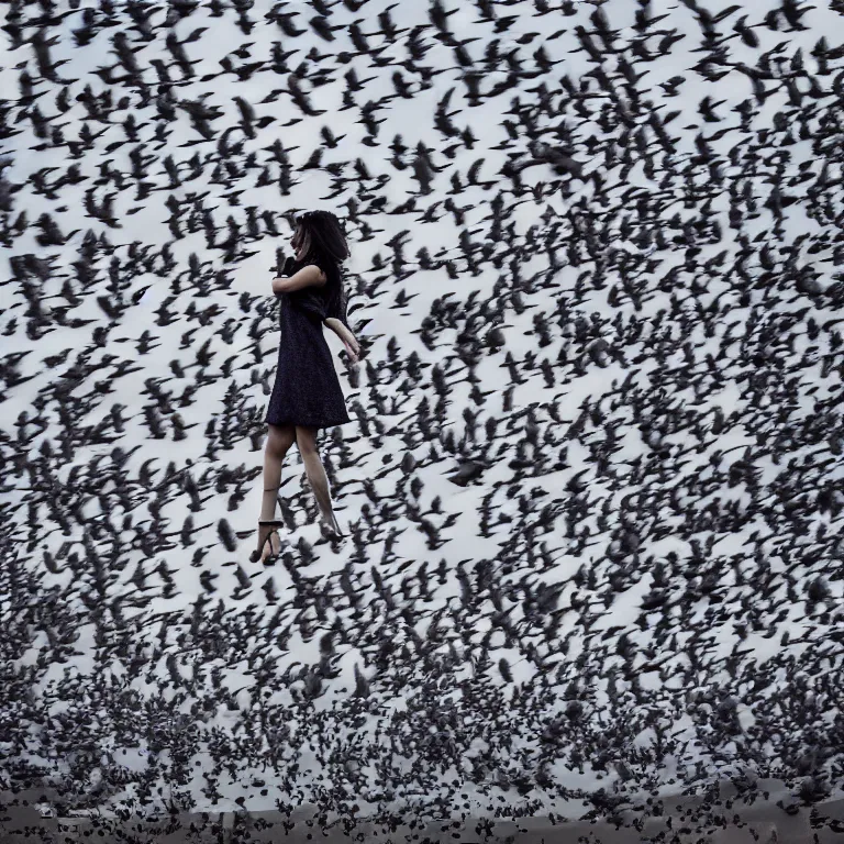 Image similar to “woman wearing a dress that is turning into a flock of pigeons, high fashion, detailed photo, 4K HD, set in NYC”