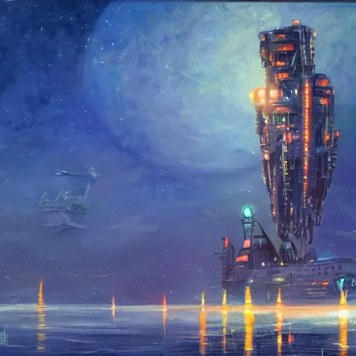 Image similar to an ominous biopunk tower with glowing lights rising in the distance with a ship sailing in the foreground, painting by John Berkley