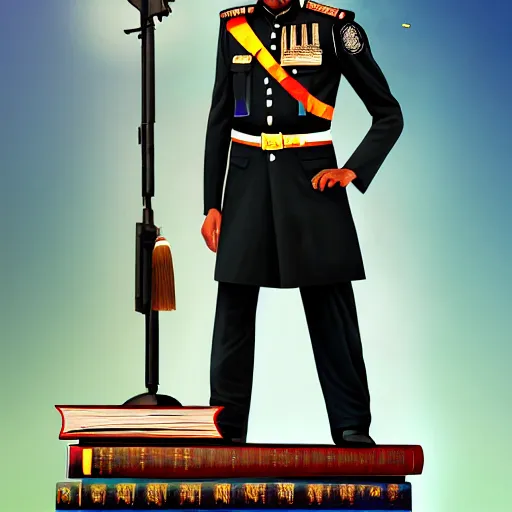 Image similar to a painting of an indian cop in khakhi uniform, an indian man in formal wear and a rugged indian bearded man standing on top of a book, detailed digital art, hyperrealistic, trending on artstation