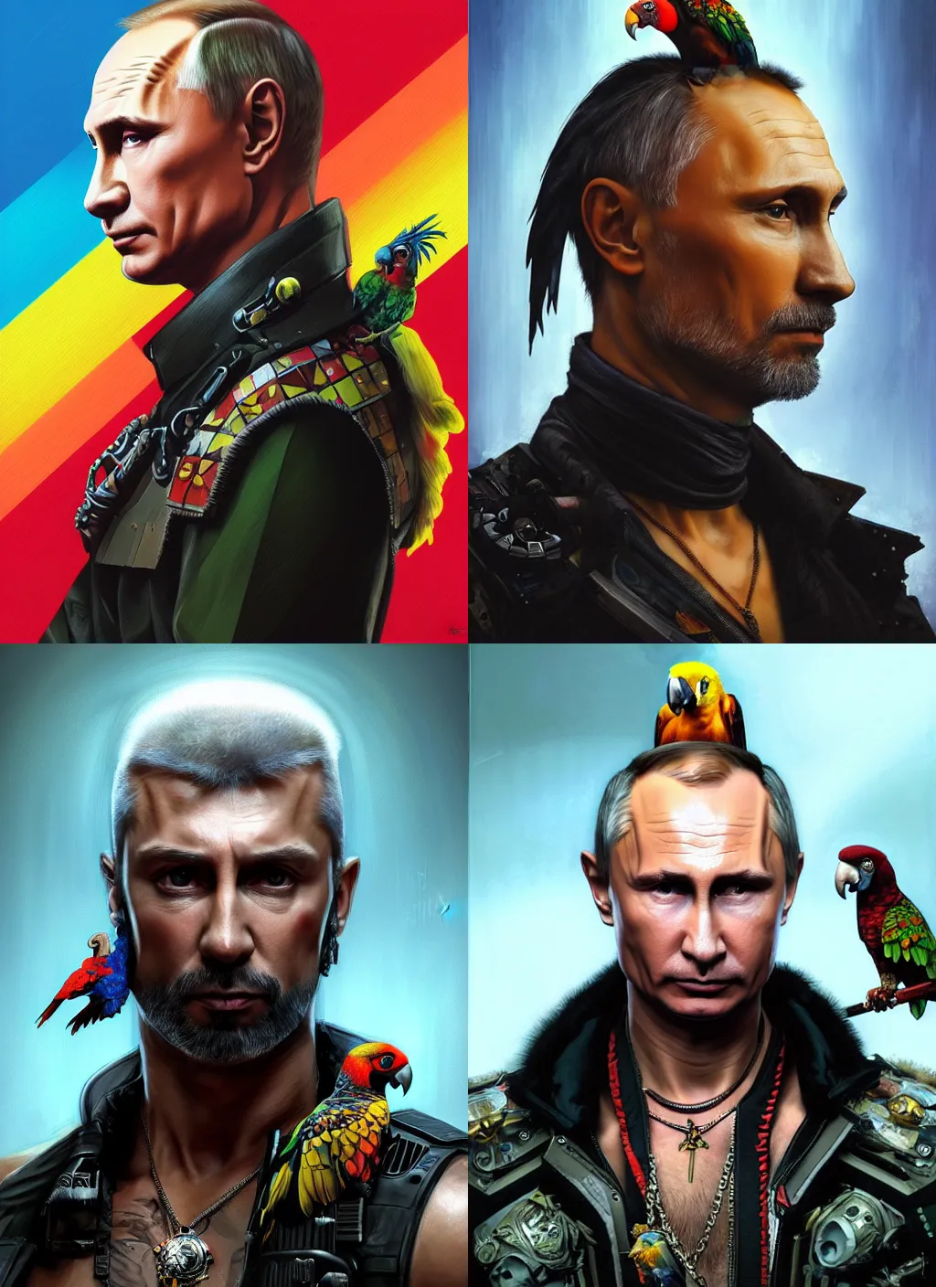 Prompt: portrait of Vladimir Putin, with a mohawk, with a parrot on his shoulder, as a character in arabian Cyberpunk 2077, looking at camera, intricate, dystopian, sci-fi, extremely detailed, digital painting, artstation, concept art, smooth, sharp focus, illustration, intimidating lighting, incredible art by artgerm and greg rutkowski and alphonse mucha and simon stalenhag