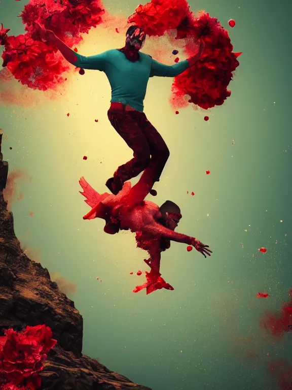 Prompt: a falling man with wings sinking in lake bubbling red wax, skull, flowers, baroque. Trending on artstation. octane render, cinematic, hyper realism, octane render, 8k, depth of field, bokeh. iridescent accents. vibrant. teal and gold and red colour scheme