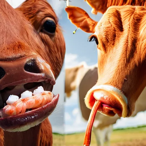 Prompt: a well dressed milkshake next to a brilliant shrimp, in the mouth of a cow, hyper realistic, sharp focus, hyper - detailed, 8 k resolution