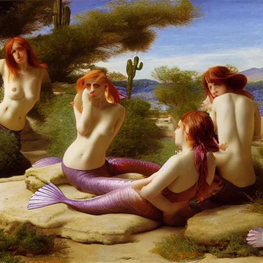 Image similar to a group of mermaids lounging in a desert oasis, by edward poynter and wlop