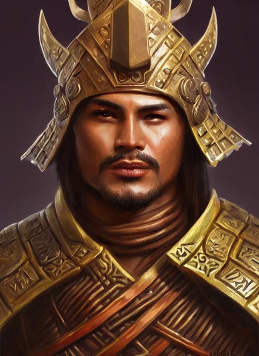 Image similar to smart tai warlord, closeup portrait, smooth - faced, historical hero, ethnic group, tai costume, bronze headdress, intricate, with leather armor cross on bare chest, elegant, loin cloth, highly detailed, oil painting, artstation, concept art, matte, sharp focus, illustration, hearthstone, art by earl norem