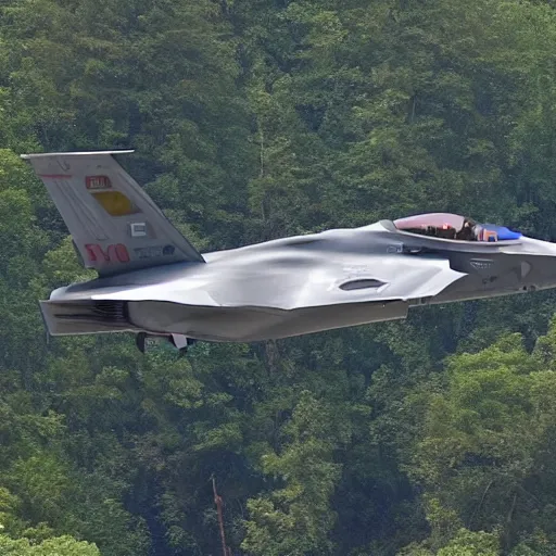Image similar to IAI Kfir dogfighting an F35 above a forest