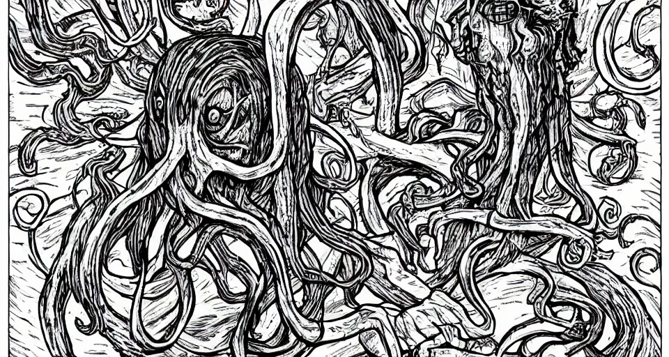 Image similar to cthulhu lovecraftian horror cinematic, in the style of junji ito, lineart, manga