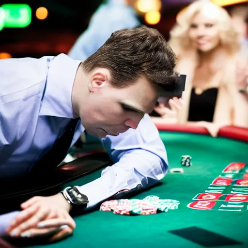 Prompt: jerma985 gambling at a blackjack table, distraught, wide shot, professional photography, sporting event