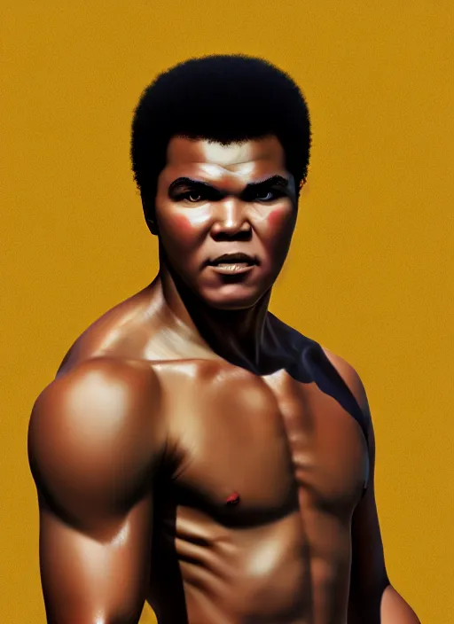 Image similar to portrait of muhammad ali from naruto, au naturel, hyper detailed, digital art, trending in artstation, cinematic lighting, studio quality, smooth render, unreal engine 5 rendered, octane rendered, art style by klimt and nixeu and ian sprigger and wlop and krenz cushart and masashi kishimoto