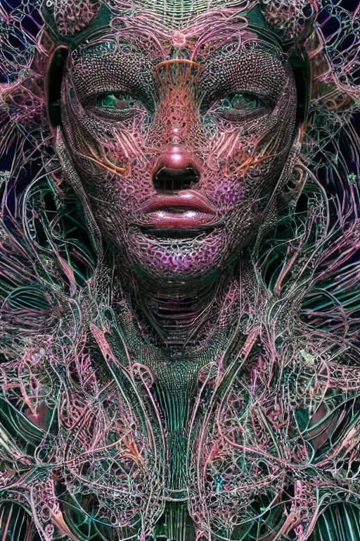 Prompt: a melancholic realistic 8k Sculpture of a complex robotic human face, liquid simulation, bright psychedelic colors, dramatic lighting, hexagonal mesh wire, filigree intricate details, cinematic, fleshy musculature, white blossoms, elegant, 50mm lens, DOF, octane render, art nouveau, 8k post-processing, intricate art by Frank Lloyd Wright