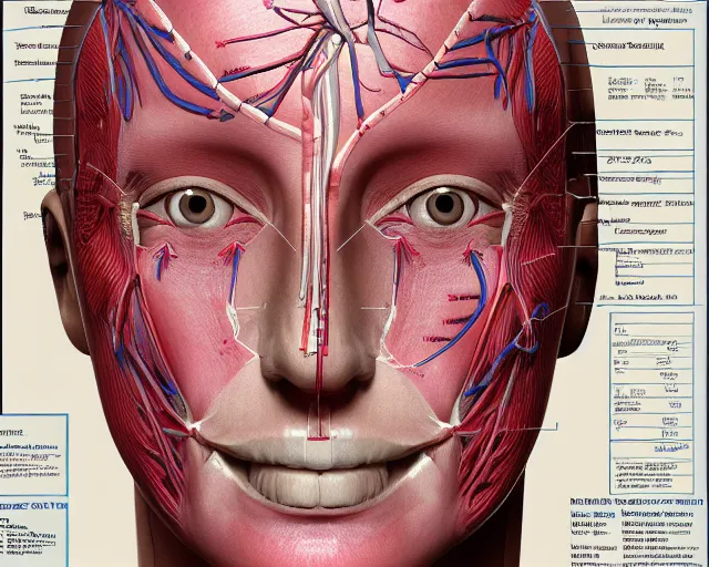 Image similar to female synthetic human, highly detailed labeled medical anatomy poster, photorealistic, hyperrealistic, high resolution