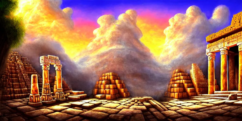 Image similar to illusion painting hidden temple in the clouds : an adorable small fox in the huge ruins of the second temple in jerusalem. a new temple hovers quietly hiding in the dreamy clouds above. a hooded bearded old man in a brown tunic laughing, colorful 8 k, art station, intricate superb details, digital art, illusion painting hidden image.