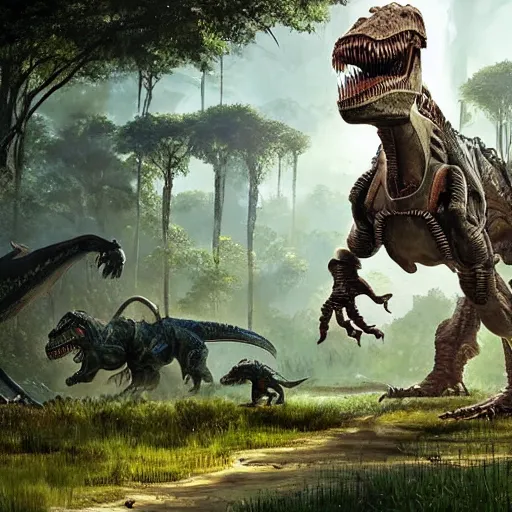 Image similar to A part cyborg part dinosaur hybrid of a T-Rex strolling along a lush green forest from the playstation 5 game Horizon Zero Dawn world, half cyborg T-Rex, sci-fi concept art, highly detailed, oil on canvas by James Gurney