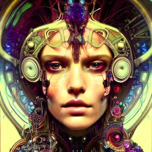 Prompt: extremely psychedelic beautiful cyborg queen of lsd. intricate, elegant, highly detailed, extremely lifelike photorealistic digital painting, artstation. steichen, gaston bussiere, tom bagshaw, cyberpunk alphonse mucha. dark pallet, melancholy. anatomically correct in every way. sultry. sharp focus. soft light.