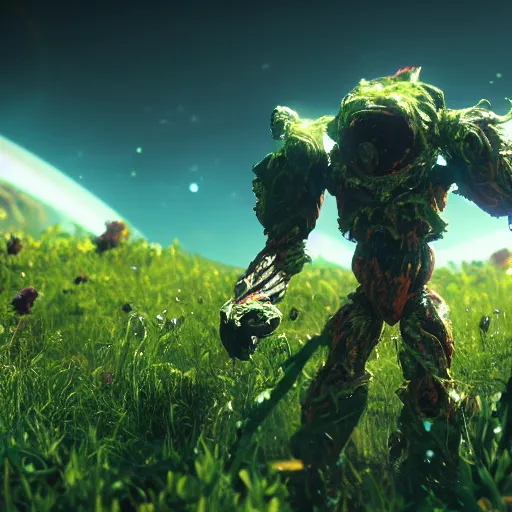 Image similar to corrupted sentinel enjoying picking up flower on infested planet, volumetric cinematic 4 k