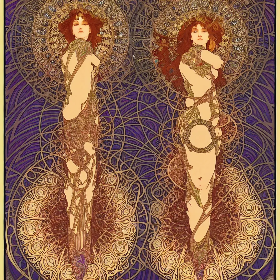 Image similar to psychedelic sacred geometry, intricate, sophisticated, ultra realistic, incredibly detailed, diagram, illustration, trending on artstation, art by alphonse mucha