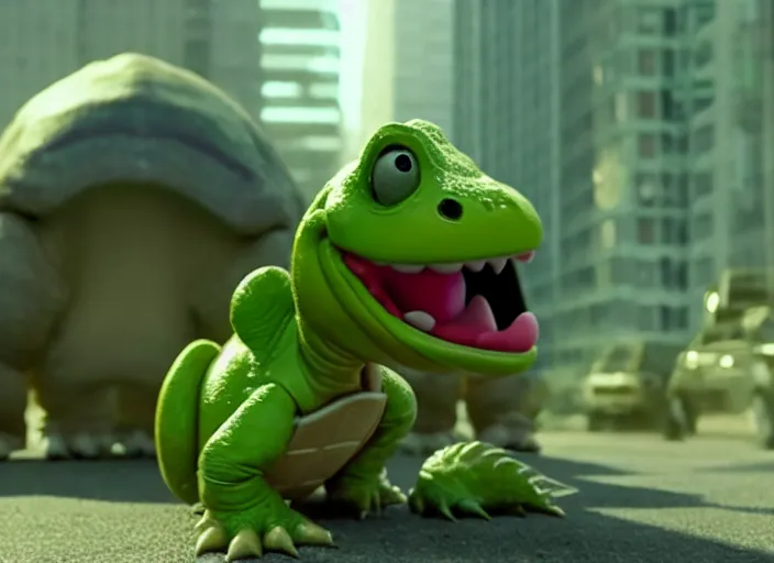 Image similar to film still of yoshi in the new sci - fi movie, cute upright dinosaur with a small turtle shell and long tongue, 8 k