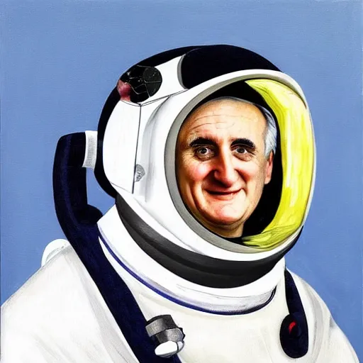 Image similar to Bertie Ahern wearing an astronaut helmet, painted by Caravaggio