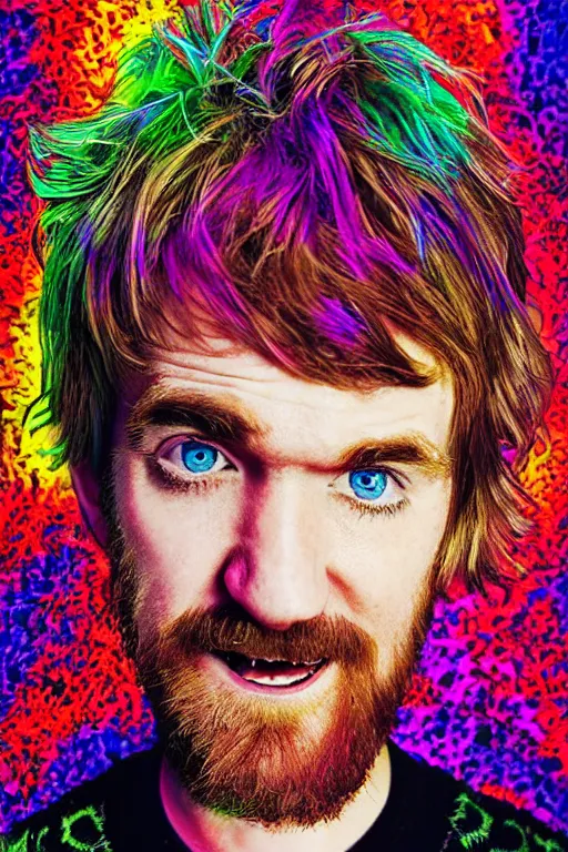 Image similar to inspirational style hope poster of shaggy bo burnham with beard, psychedelic colors, highly detailed, photograph, loving