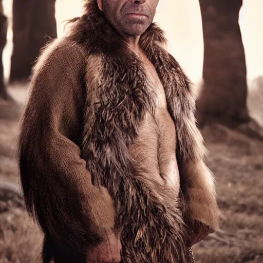 Image similar to Photo portrait Joe Rogan as a Neanderthal cave man wrapped in fur cloak lit by fire cave background dramatic lighting 85mm lens by Steve McCurry