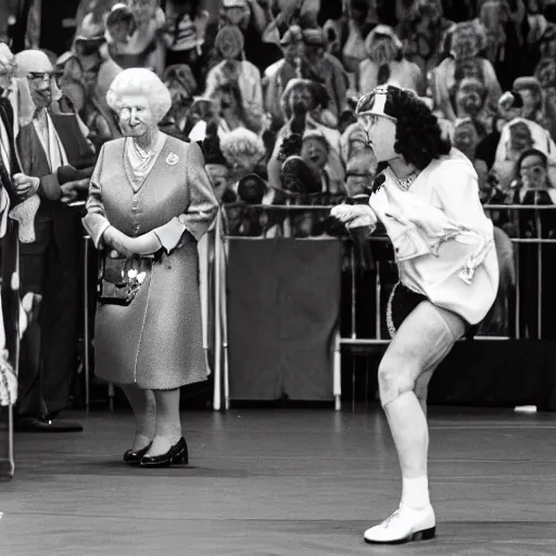 Image similar to elderly woman screaming at queen elizabeth ii as a 1 9 8 0 s wrestling action figure, canon eos r 3, f / 1. 4, iso 2 0 0, 1 / 1 6 0 s, 8 k, raw, unedited, symmetrical balance, wide angle