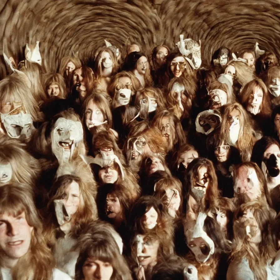 Image similar to 7 0 s movie still of cult members with taxidermic moth masks in a spiral tunnel, cinestill 8 0 0 t 3 5 mm, heavy grain, high quality, high detail