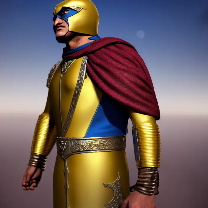 Prompt: cinematic portrait, captain falcon as sheik mohammad ruler of dubai, head and torso only, masterpiece, medieval arabia, sharp details,, hd, 4 k