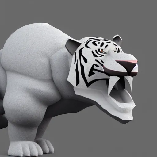Image similar to anthropomorphized sabertooth tiger, 3d render, flat gray fur, polygon shapes