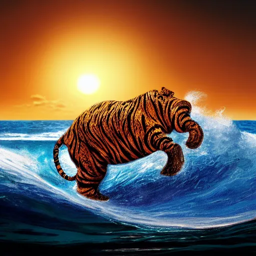 Image similar to a closeup photorealistic photograph of a cute smiling knitted tiger hippopotamus riding an epic wave at sunset. surf in the background. professional capture. brightly lit scene. this 4 k hd image is trending on artstation, featured on behance, well - rendered, extra crisp, features intricate detail, epic composition and the style of unreal engine.