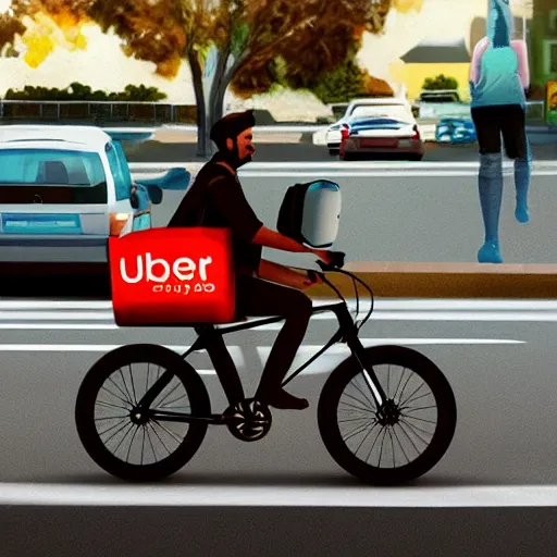 Image similar to uber eats delivery cyclist, trending on artstation, deviantart, Pinterest, detailed High Resolution, 8k