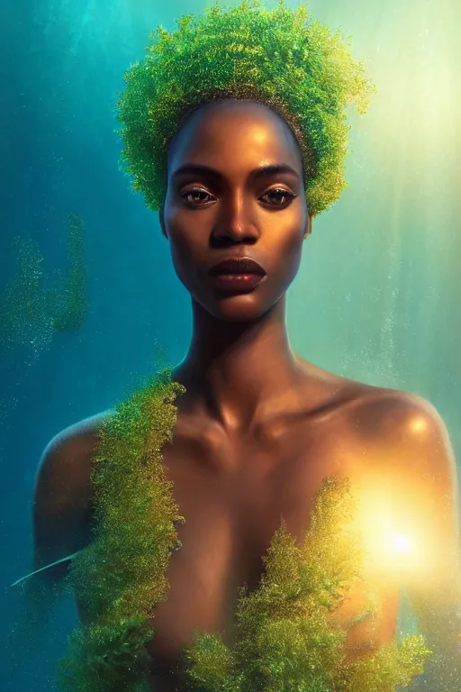 Image similar to hyperrealistic precisionist cinematic underwater scene with fish and algae, very expressive! translucent elegant african goddess, full body, gold jewerly, highly detailed face, digital art masterpiece, eric zener aykut aydogdu, volumetric light, long shot, low angle uhd 8 k, sharp focus