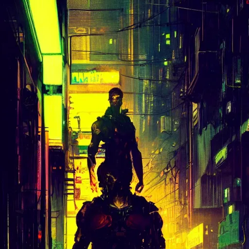 Image similar to a tall, broad-shouldered man standing in a neon lit alleyway, cyberpunk art, dramatic lighting, illustration by Greg rutkowski, yoji shinkawa, 4k, digital art, concept art, trending on artstation