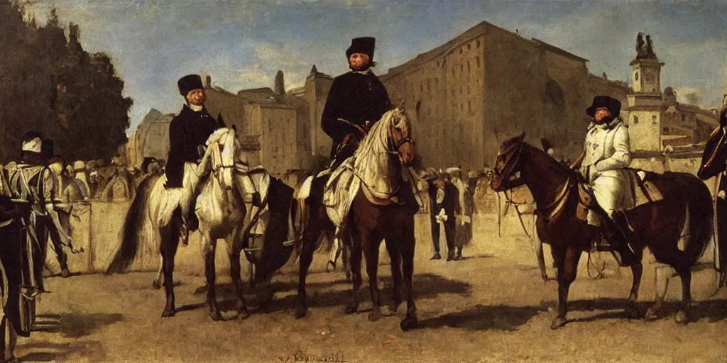 Prompt: oil painting of hegel in the streets of jena greeting napoleon on horseback as incarnation of the world spirit, realist painting, gustave courbet, jules bastien - lepage, incredible detail, natural light