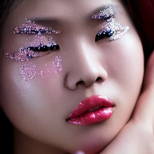 Image similar to Close-up of an young asian woman's face, wearing glitter. Photography, Canon. Award Winning.