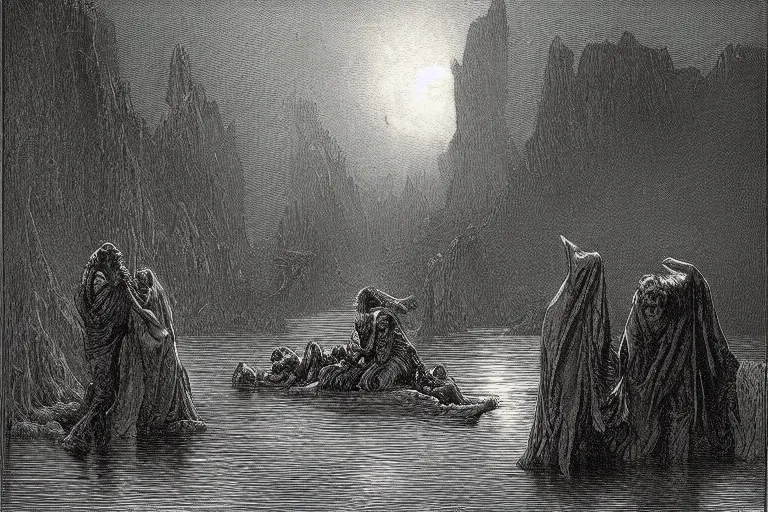 Image similar to demons near calm lake, Gustave Dore lithography