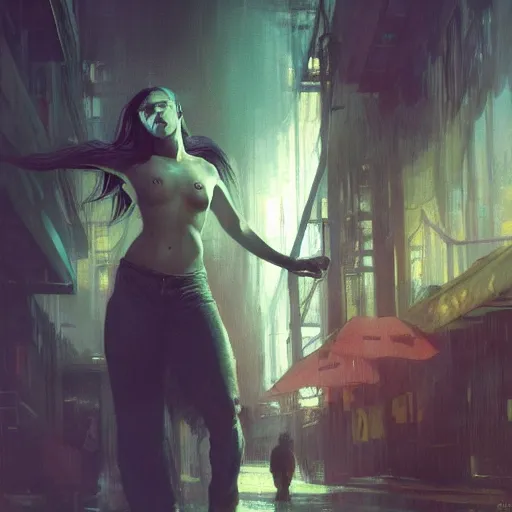 Image similar to billie eilish, hyperrealistic full figure, bladerunner street alley, art of elysium by frank frazetta and by jeremy mann and by alphonse mucha, fantasy art, photo realistic, dynamic lighting, artstation, full figure poster, volumetric lighting, very detailed face, 4 k, award winning