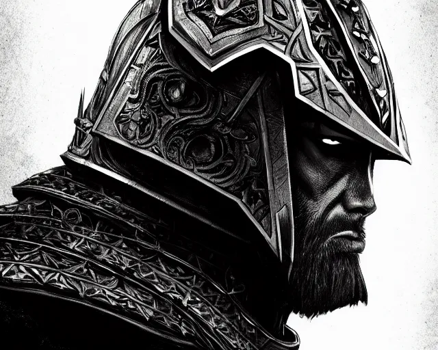 Image similar to realistic side view photo of a king in the mountains, angry, beautiful face, handsome, black iron armour, sword, lava, wide angle, dramatic lighting, intricate, wild, highly detailed, digital painting, artstation, concept art, smooth, sharp focus, illustration