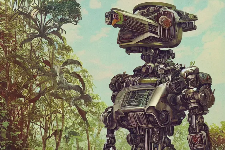 Image similar to gigantic man head, a lot of exotic vegetation around, trees, tremendous mecha robot, flowers, risograph!, oldschool vintage sci - fi flat surreal design, super - detailed, painting by jodorowski