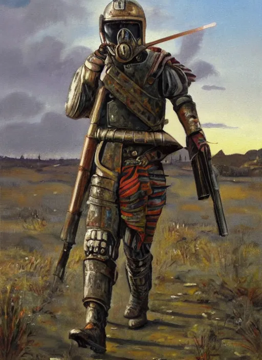 Image similar to a detailed painting of a man in post apocalyptic home made armour and a helmet holding a modified shotgun walking towards a sunset. hd. 1 9 5 0 s oil painting style.