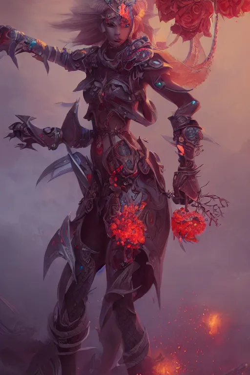 Image similar to beautiful girl necromancer covered with snake sking exploding into blood, practical armor, heroes of the storm, 3 d render, hyper realistic detailed portrait, holding magic flowers, ruan jia, wlop. scifi, fantasy, hyper detailed, octane render, concept art, peter mohrbacher