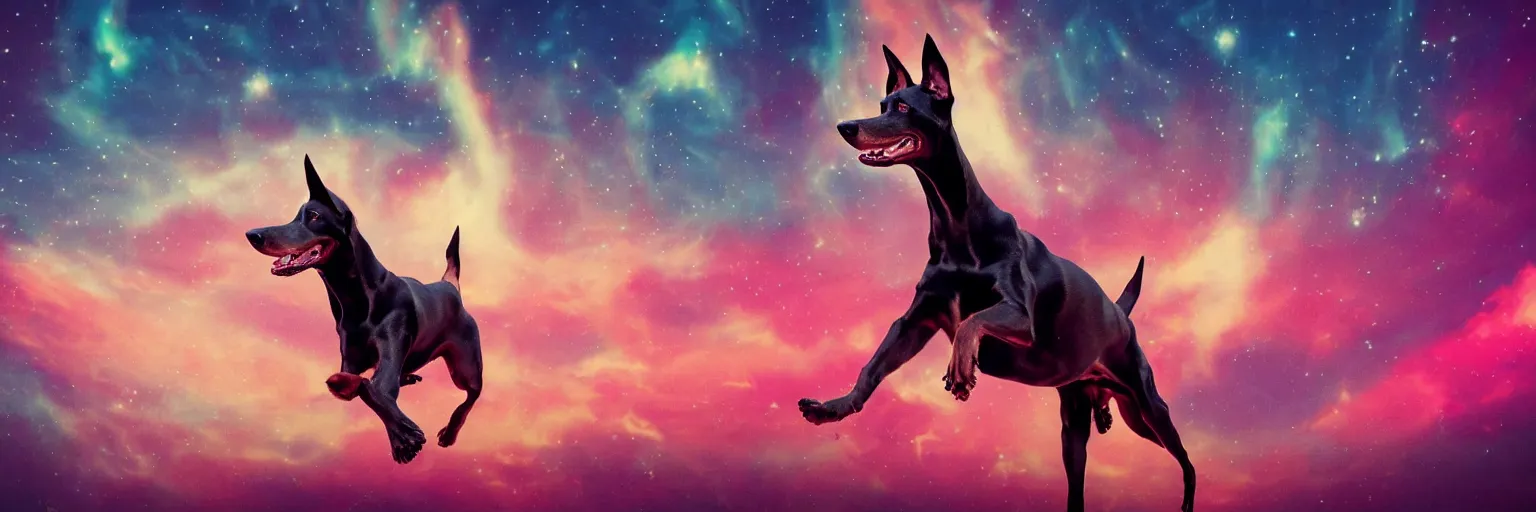 Image similar to spase doberman running close - up with neon mohawks, dogs, space, dark, stars, pink, oil painting, pirate neon ship with punks on board, neon, rich deep colors masterpiece, ultra detailed, contrast, lots of roman arches, clouds, sky, volumetric light, atmospheric lighting, dramatic, cinematic, moody, octane render 4 k, 8 k