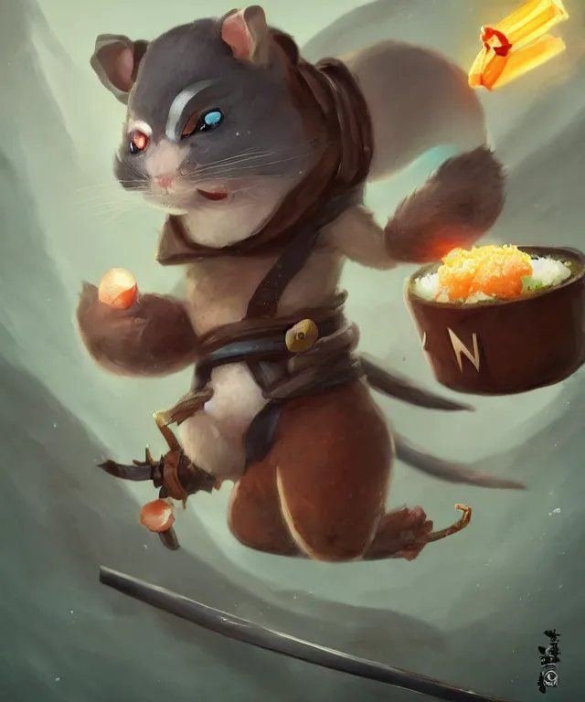 Image similar to anthropomorphic hamster ninja eating sushi, ninja outfit, standing in a beautiful landscape, cute and adorable, dnd character art portrait, matte fantasy painting, deviantart artstation, by jason felix by steve argyle by tyler jacobson by peter mohrbacher, cinematic lighting